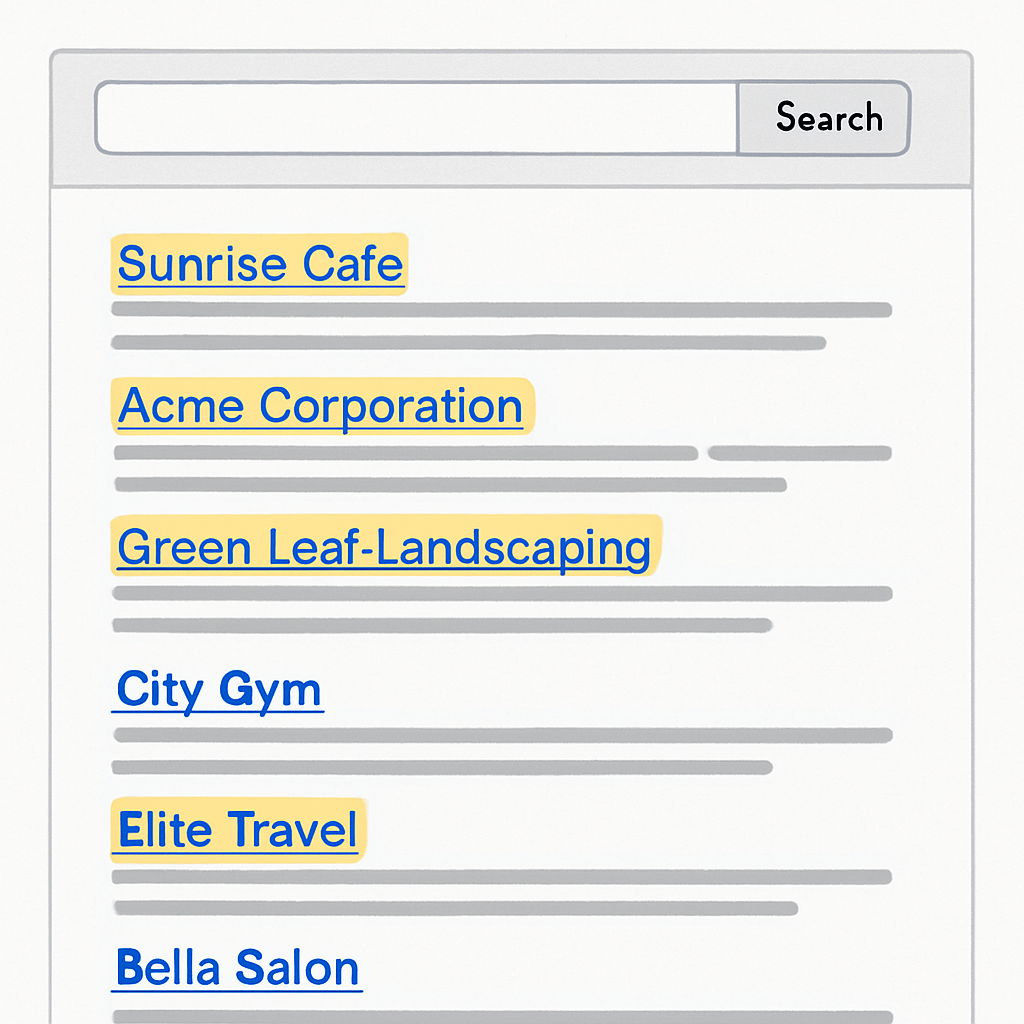 Depiction of a search engine results page showing various business names highlighted in searches.