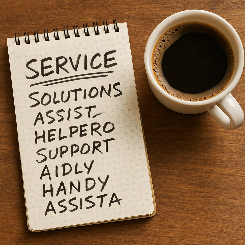 A notepad with scribbled ideas for service names and a cup of coffee beside it, symbolizing the creativity process.