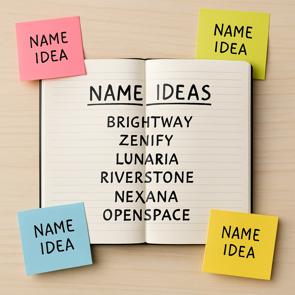 An open notebook with name ideas written in it and colorful sticky notes around.