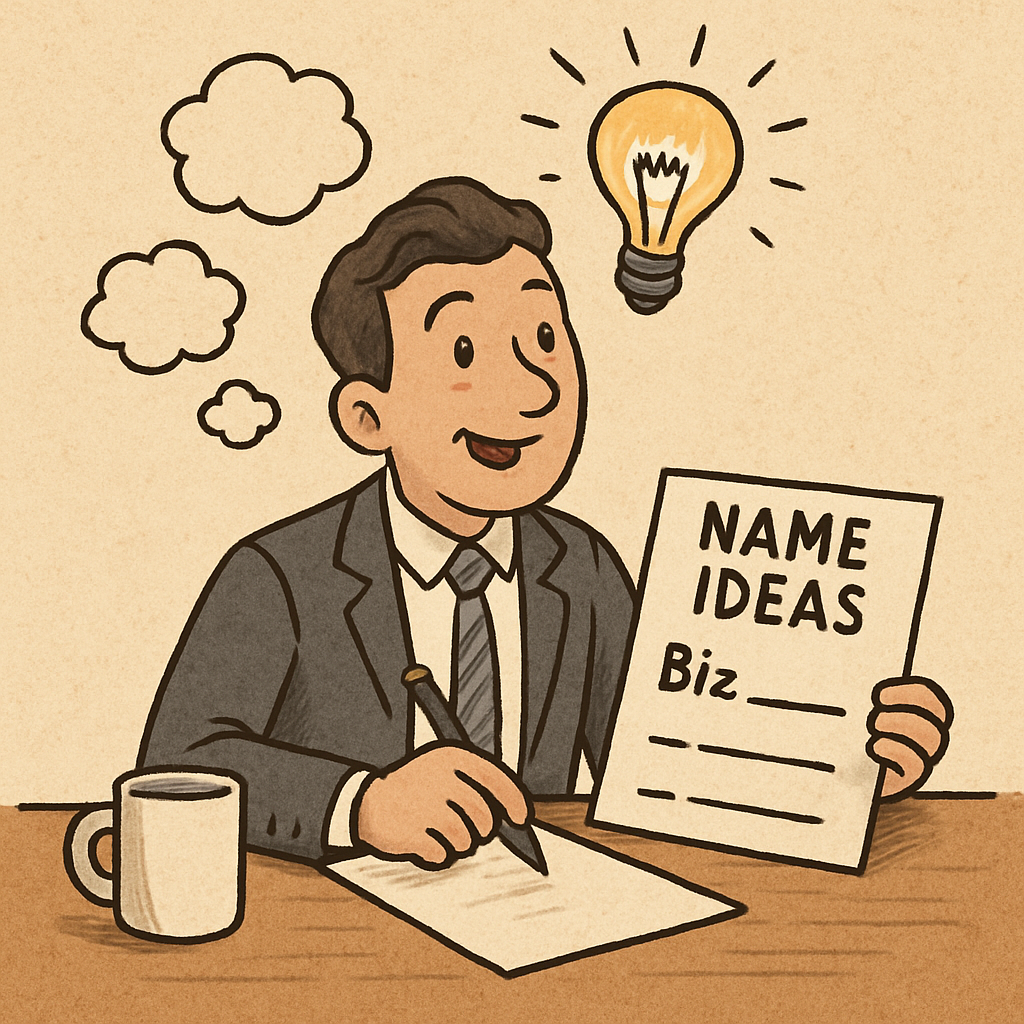 A lightbulb moment – an illustration of a business owner brainstorming name ideas.