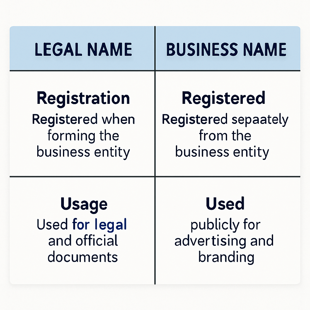 A chart comparing legal names and business names in terms of registration and usage.