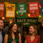 Create a photorealistic image of a lively race night scene with guests enjoying themselves, surrounded by funny jockey name banners and decorations. Create a photorealistic, professional, natural-looking image with believable lighting and detail.