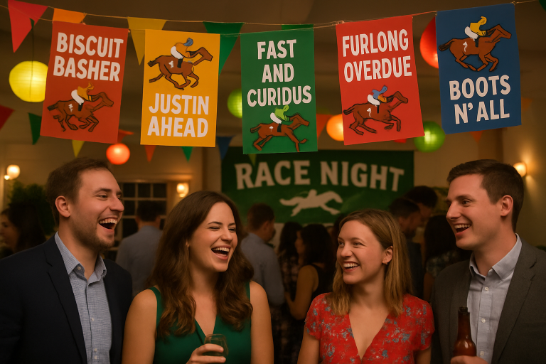 Create a photorealistic image of a lively race night scene with guests enjoying themselves, surrounded by funny jockey name banners and decorations. Create a photorealistic, professional, natural-looking image with believable lighting and detail.
