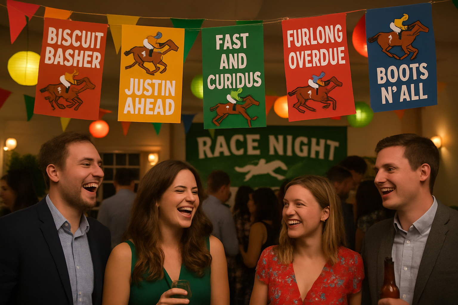 Create a photorealistic image of a lively race night scene with guests enjoying themselves, surrounded by funny jockey name banners and decorations. Create a photorealistic, professional, natural-looking image with believable lighting and detail.