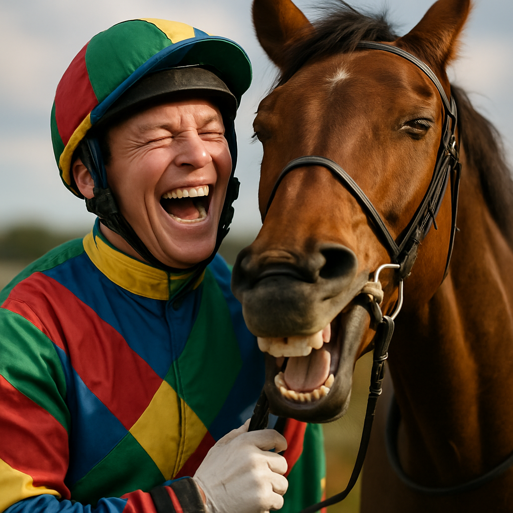 Depict a whimsical jockey character, dressed in colorful attire, laughing with a horse. Create a photorealistic, professional, natural-looking image with believable lighting and detail.