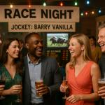 A lively race night scene with guests enjoying themselves, vibrant decor, and a humorous jockey name banner. Create a photorealistic, professional, natural-looking image with believable lighting and detail.