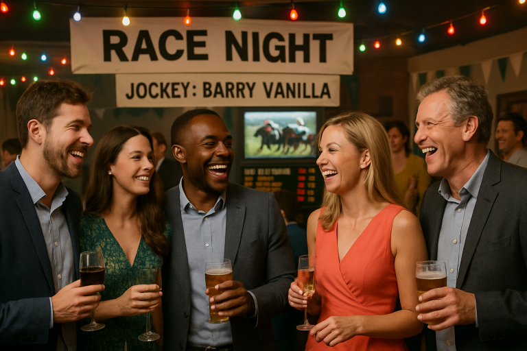 A lively race night scene with guests enjoying themselves, vibrant decor, and a humorous jockey name banner. Create a photorealistic, professional, natural-looking image with believable lighting and detail.