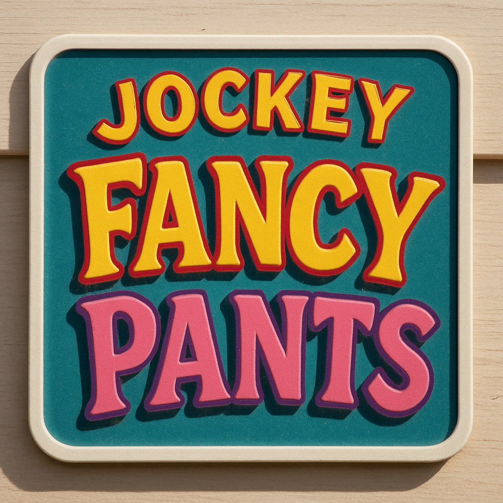 A close-up of a funny jockey name sign with vibrant colors and playful fonts. Create a photorealistic, professional, natural-looking image with believable lighting and detail.