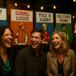 Create a photorealistic image of a lively race night scene with people laughing and enjoying themselves, featuring decorated jockey cards with funny names on display. Create a photorealistic, professional, natural-looking image with believable lighting and detail.