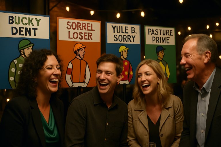 Create a photorealistic image of a lively race night scene with people laughing and enjoying themselves, featuring decorated jockey cards with funny names on display. Create a photorealistic, professional, natural-looking image with believable lighting and detail.