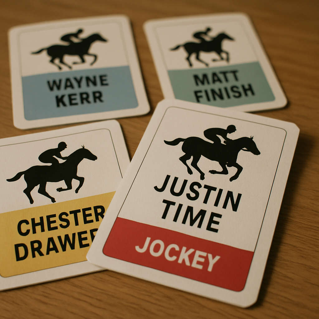 A close-up of jockey cards with funny names like 'Justin Time' and 'Chester Drawers' on a table at a race night event. Create a photorealistic, professional, natural-looking image with believable lighting and detail.
