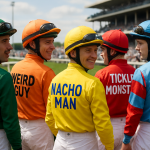 Create a photorealistic image of a colorful race day scene featuring jockeys with funny names on their shirts, showcasing the lively atmosphere. Create a photorealistic, professional, natural-looking image with believable lighting and detail.