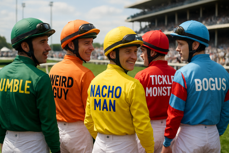 Create a photorealistic image of a colorful race day scene featuring jockeys with funny names on their shirts, showcasing the lively atmosphere. Create a photorealistic, professional, natural-looking image with believable lighting and detail.