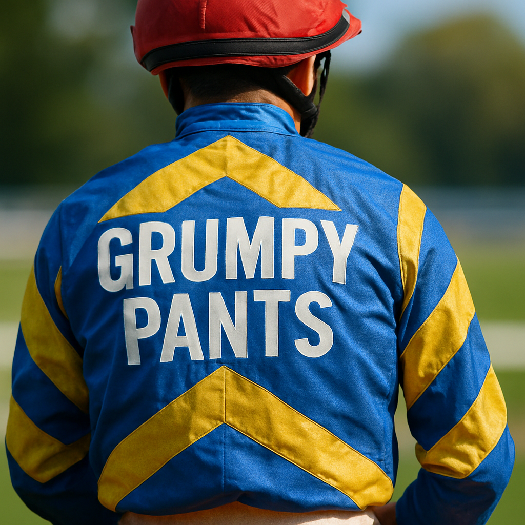 A close-up of a colorful jockey's silks featuring a humorous name, capturing the details and textures in bright sunlight. Create a photorealistic, professional, natural-looking image with believable lighting and detail.