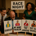 Create a photorealistic image of a race night event with guests laughing and participating in games, featuring signboards with funny jockey names. Create a photorealistic, professional, natural-looking image with believable lighting and detail.