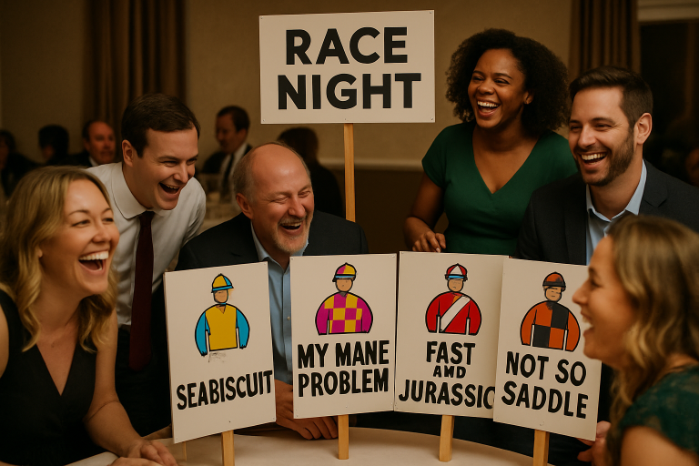 Create a photorealistic image of a race night event with guests laughing and participating in games, featuring signboards with funny jockey names. Create a photorealistic, professional, natural-looking image with believable lighting and detail.