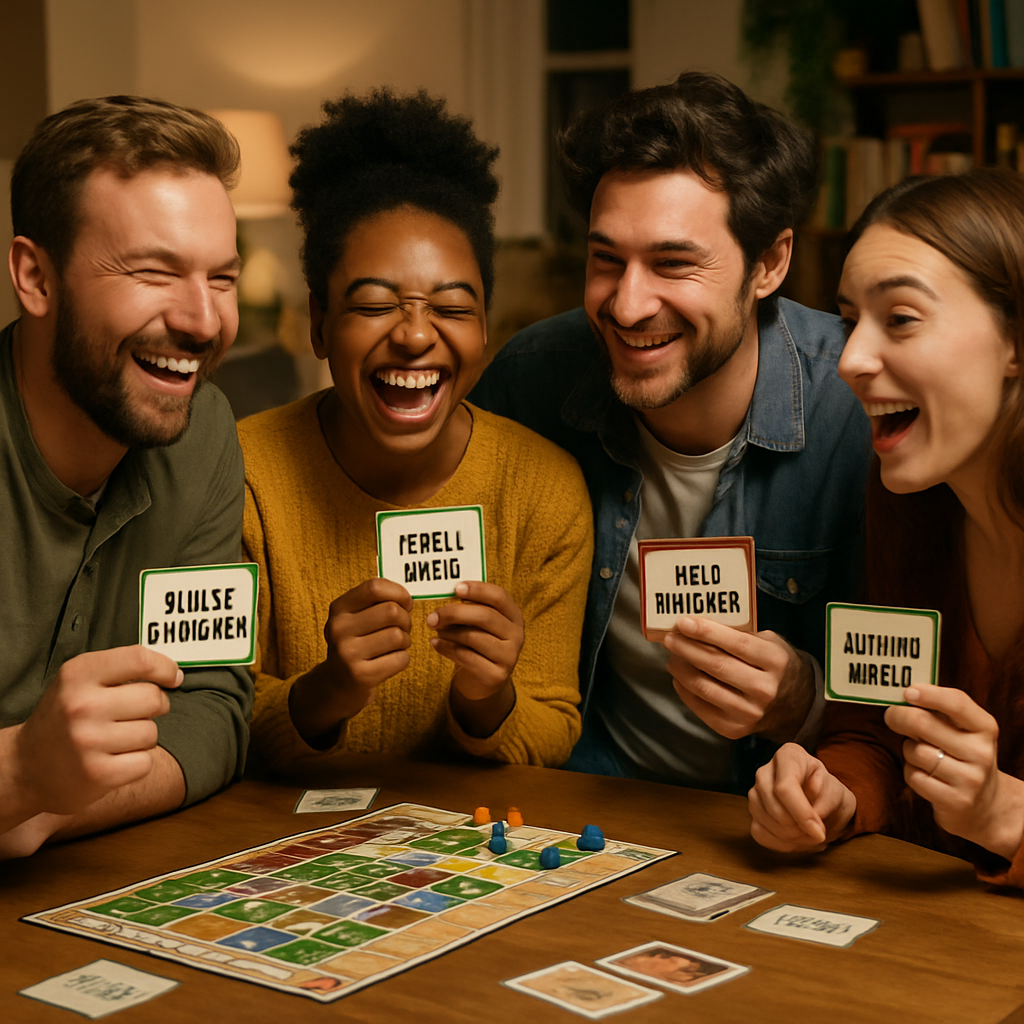 Show a vibrant and lively group of friends gathered around a table, enjoying a lively game night with jockey names. Create a photorealistic, professional, natural-looking image with believable lighting and detail.
