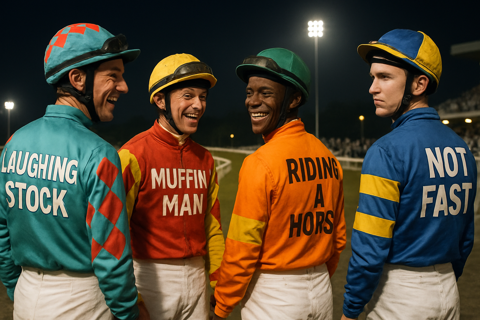 Create a photorealistic image featuring a lively race night scene with jockeys in colorful outfits and humorous names displayed on their jerseys, capturing the excitement and camaraderie of the event. Create a photorealistic, professional, natural-looking image with believable lighting and detail.