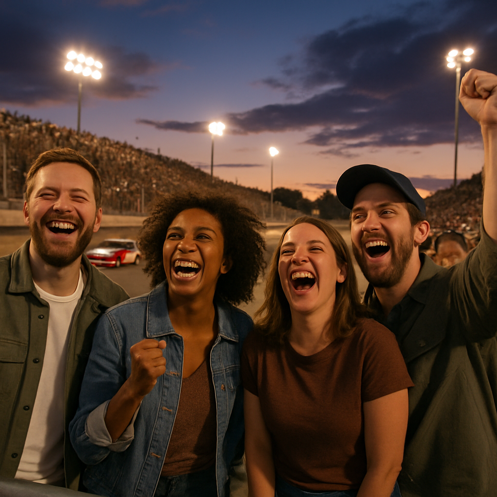 Generate an image of a racetrack under the evening sky with cheerful spectators laughing and cheering, emphasizing the fun atmosphere of race night. Create a photorealistic, professional, natural-looking image with believable lighting and detail.